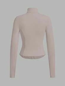 SHEIN EZwear 杏色针织修身女士长袖防晒外套，秋冬季高弹力运动长袖上衣，柔软长袖上衣，女士拉链外套，凉爽面料跑步上衣，弹力外套，运动上衣，女士全拉链外套，轻便外套 - 卡其色 - 查看 2
