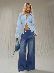 TRNVIE Y2K Fashion Casual Wide Waistband Low Waist Flare Leg Jeans - Medium Wash - View 6