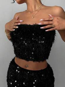 Aloruh 女士 Y2K 性感串珠刺绣仿皮草吊带背心 - 黑色 - 查看 1
