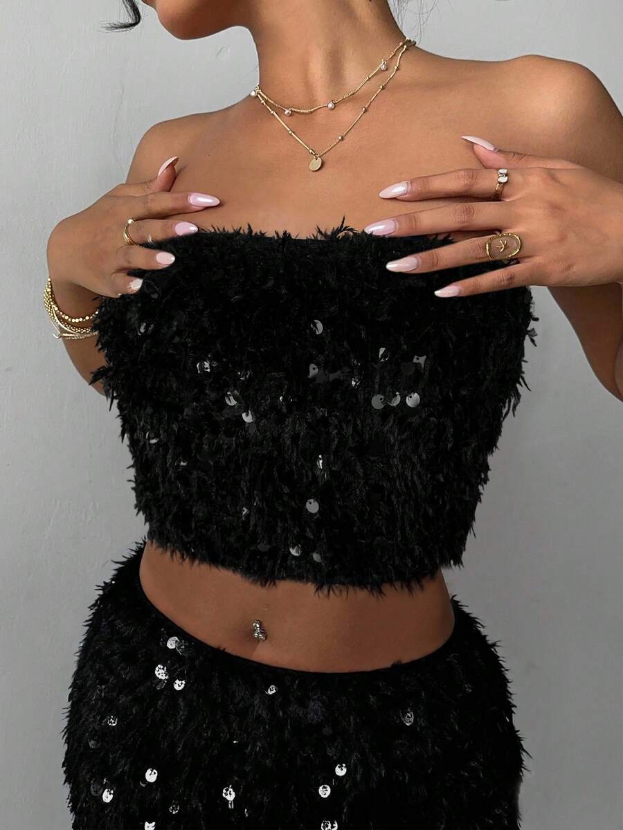 Aloruh 女士 Y2K 性感串珠刺绣仿皮草吊带背心 - 黑色 - 查看 1