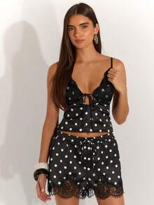 SHEIN BAE Women's Black Polka Dot Lace Sleeveless Fitted Camisole, Satin Lace Top, Summer Top, Casual Top, Elegant And Sexy Top, Brunch Top, Cruise Top, Polka Dot Top, Black Top, Vacation Top, Holiday Top, Spring Break Top. - Black - View 7