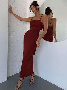 Firerie 女士优雅简约精致浪漫甜美婚礼派对度假露背撞色蝴蝶结装饰黑白吊带长裙，春夏款 - 酒紅色 - 查看 4