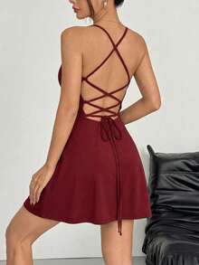 Mujer vestido moderno elegante doble capa tela lisa corte holgado escote recto tirantes delgados corto sin mangas primavera verano fiesta coctel,Vestido corto corte A, escote espalda, noche, fiesta, femenino - Rojo - Ver 2
