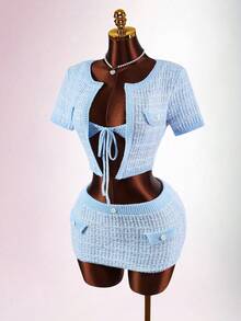 Amplova Set de 2 piezas con top de tirantes finos con nudo delantero y cárdigan de manga corta con minifalda de punto para mujer en verano - Azul - Ver 5