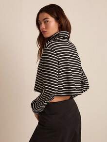Easelle Women Black & White Striped Turtleneck Crop Top Summer/Fall - Black and White - View 2