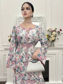 Yasmyna Women's Notched Neck Floral Print Ruched Waist Flare Sleeve Arabic Style Dress - Multicolor - View 2