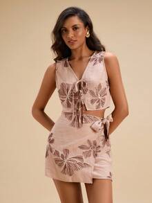 Travachic 女士印花前系带无袖上衣和侧结裹身中长裙时尚套装 - 卡其色 - 查看 4