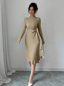 Selianne 女士优雅纯色罗纹针织连衣裙，秋季 - 卡其色 - 查看 4