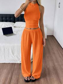 SHEIN EZwear 女士休闲度假简约纯色露背吊带上衣和阔腿裤套装，夏季 - 橘色 - 查看 4