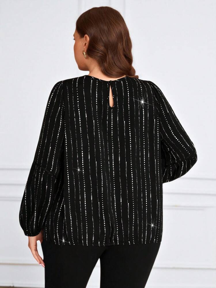 Plus Size Elegant Black Striped Print Lantern Sleeve Blouse, Winter,Going Out,2025 New,Simple And Fashionable For Everyday Wear,