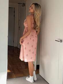 DAZY Ditsy Floral Ruffle Hem Waist Cinched Mid-Length Women Nightgown - Pink - View 2