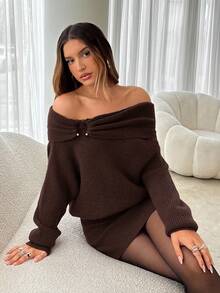 Aloruh Elegant Women's Brown Off Shoulder Long Sleeve Mini Sweater Dress With Ring Details - Brown - View 6