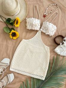 Soleia 女士度假浪漫性感杏色亮片V领镂空露背吊带迷你连衣裙，休闲、约会、下午茶、海滩、邮轮、城市度假、音乐节、派对、波西米亚风、嬉皮风、西部风 - 杏色 - 查看 7