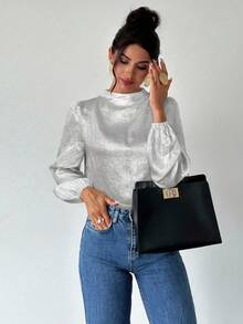 Firerie Blusa Elegante de Escritório e Transporte para Mulheres com Mangas Bufantes de Babado no Ombro, na Cor Dourada, Adequada para Primavera, Outono e Inverno, Elegante, Transporte, Traje de Trabalho - Prata - Visão 3