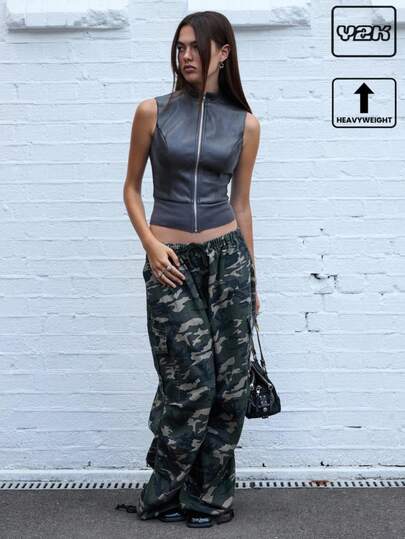 COUREZ Faux Leather Zip Up Vest /Y2K  Women Clothes  Clothes Cute Tops Going Out Top Spring Jacket Elegant