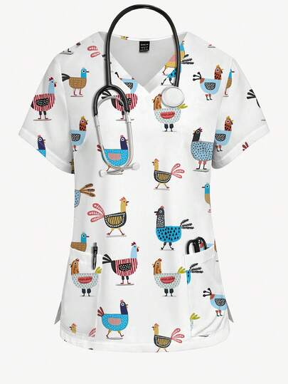 PopScrub Women's Fashion V-Neck Short Sleeve Cartoon Chicken Print Uniform Top, Suitable For Spring/Summer