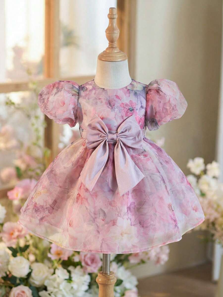 SHEIN 一件女婴优雅可爱粉色碎花图案欧根纱连衣裙，公主裙，适合生日派对、返校季、晚宴、演出、婚礼等场合。 - 粉色 - 查看 1