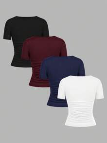 SHEIN EZwear Bộ 4 áo thun nữ tay ngắn cổ tròn màu trơn, kiểu dáng tối giản, thoải mái, phù hợp cho mùa xuân/hè, lễ hội, áo tay ngắn ôm dáng. - Nhiều màu - Xem 3