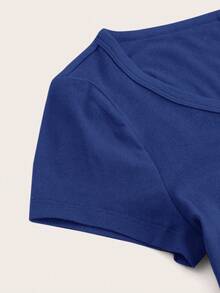 SHEIN EZwear 休闲简约蓝色圆领插肩袖黑色修身女式T恤 - 藍色 - 查看 4