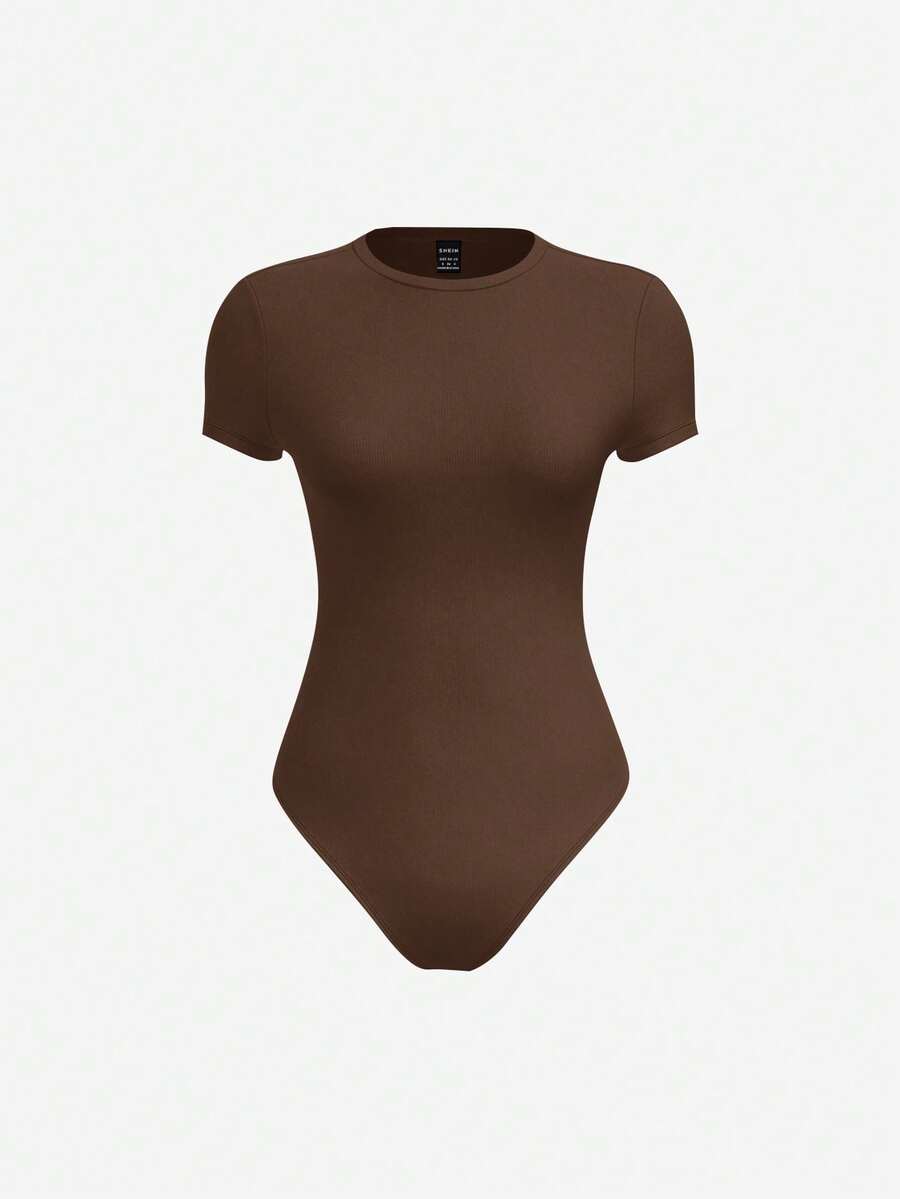 SHEIN BASICS Casual Solid Color Knit Crew Neck For Women Bodysuits For Women Brown Bodysuit Summer Clothes