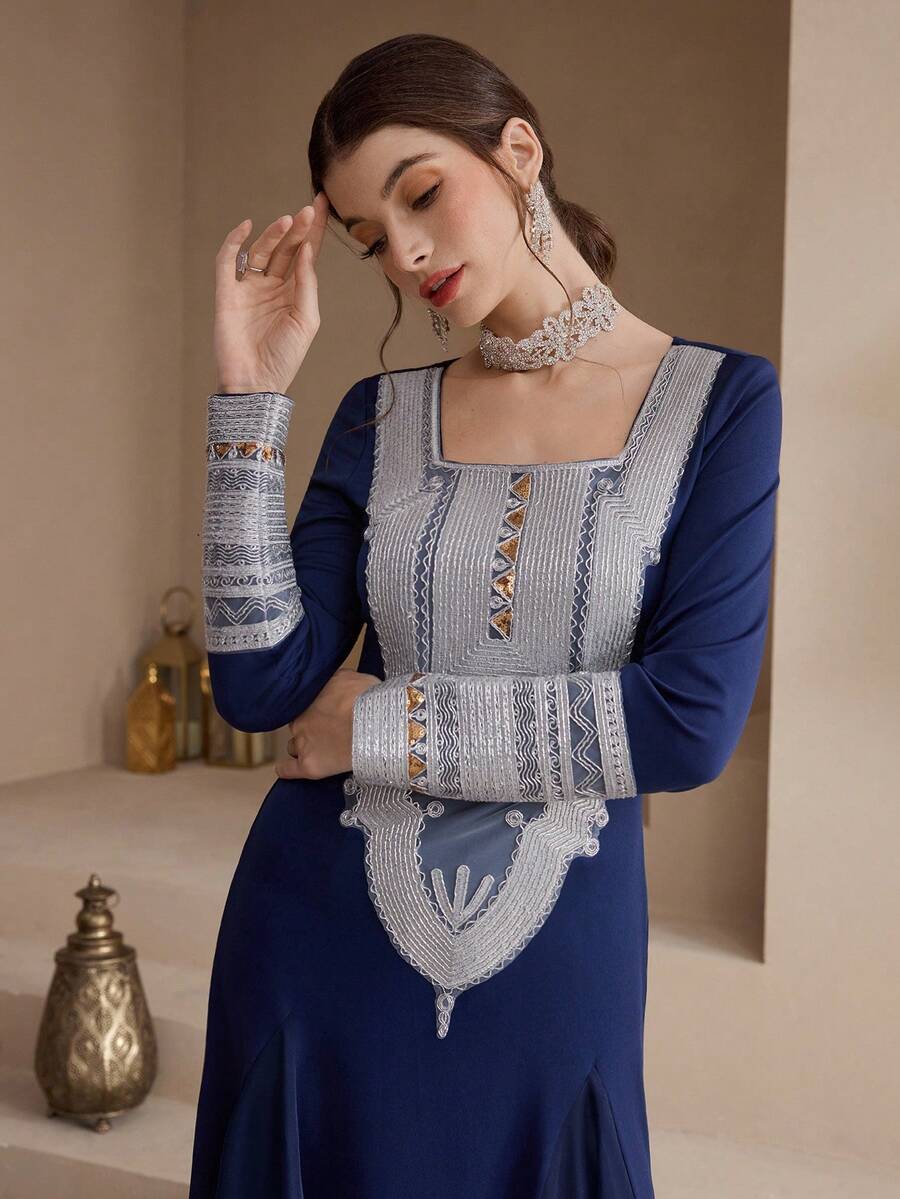 Al Najma 新款拼接撞色收腰优雅美人鱼裙摆鸡尾酒会礼服 - 藏蓝色 - 查看 1