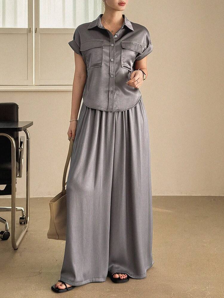 Women's Solid Color Short Sleeve Single-Breasted Cargo Pocket Shirt And Wide Leg Pants Casual 2 Pieces Set