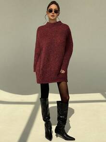 Aloruh 渐变棕色年轻女士音乐节雪纺渐变蝙蝠袖高领毛衣连衣裙，适合秋冬季穿着 - 酒紅色 - 查看 6