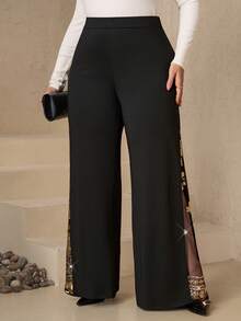 Chikora Plus Size Women Elegant Party Sequin Mesh Patchwork Wide Leg Loose Pants - Gold - View 5