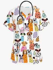 PopScrub 时尚卡通狗狗动物印花V领短袖女式/护士服上衣，春夏款 - 彩色 - 查看 2