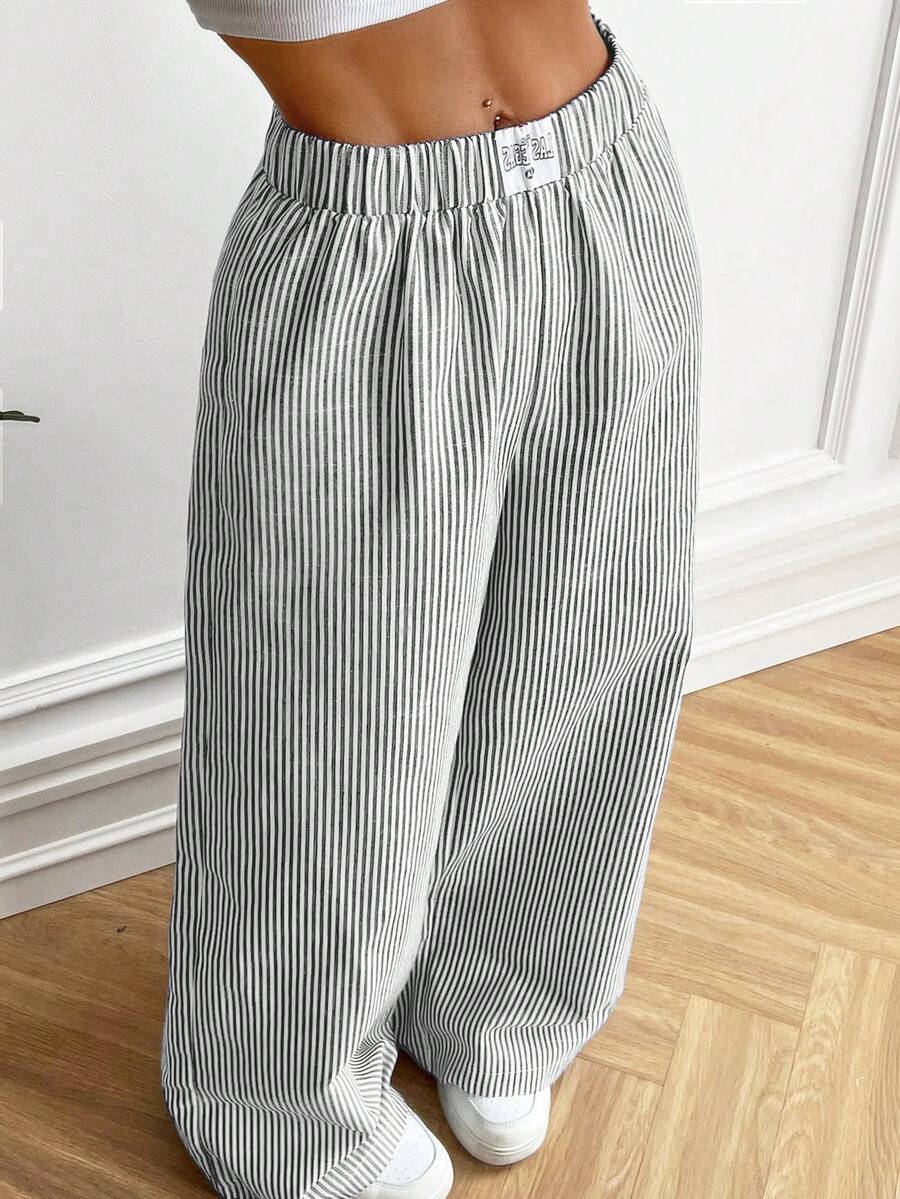 CovetEZ Black & White Striped Woven Women's Pants, Spring/Summer Stripe Pants Wide Pants Pleated Pants Tall Pants Loose Pants - Black and White - View 1