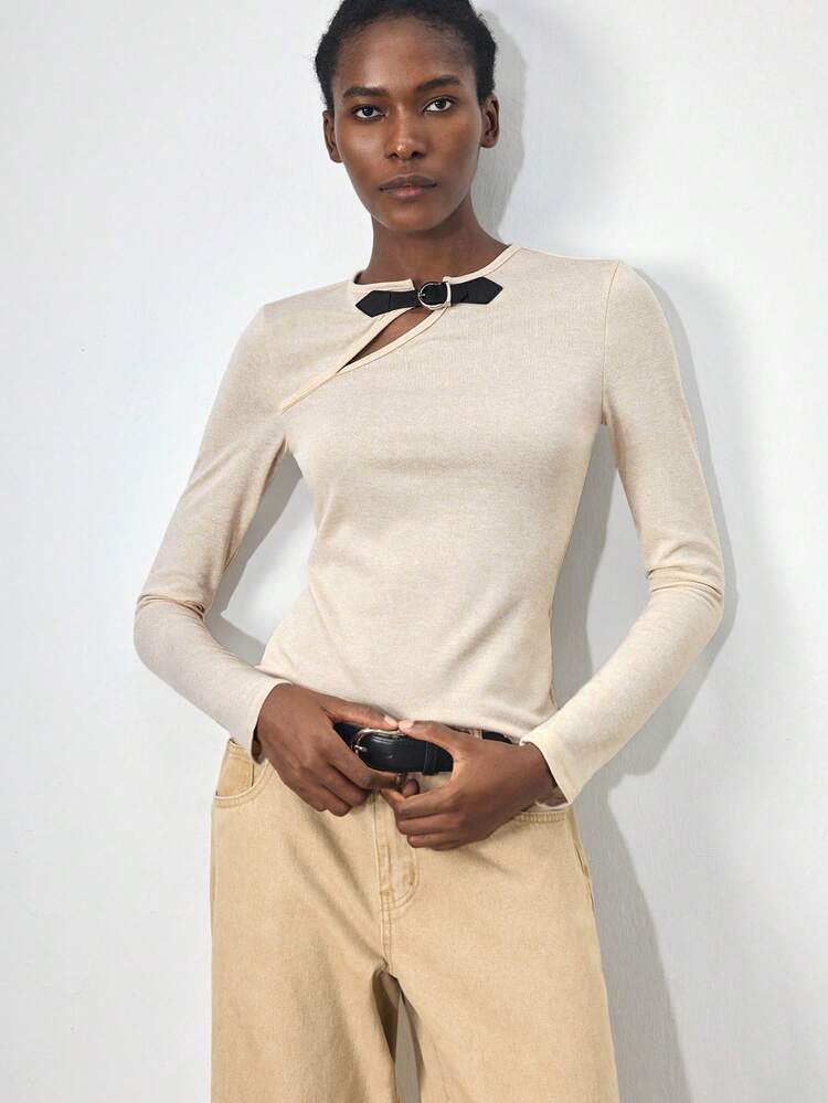 SHEIN Maija Women's Asymmetric Hollow-Out Leather Button Decor Design Casual Top, Suitable For Urban Commute, Business Casual, Elegant Occasions, Valentine's Day, Summer Wedding Guest, Holiday