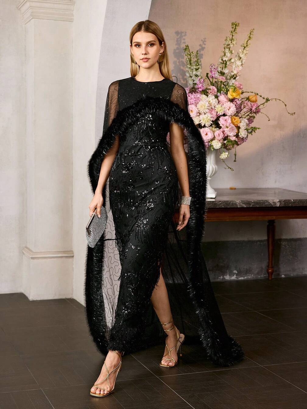 MOTF Soiréza WOMEN'S MESH SEQUIN EMBROIDERED FAUX FUR TRIM PONCHO STYLE LONG DRESS, FORMAL OCCASION WEAR｜Motf