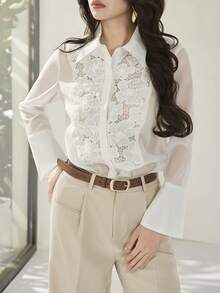 Modelyn Women's Solid Color Loose Long Flare Sleeve Elegant Lace Blouse - White - View 7