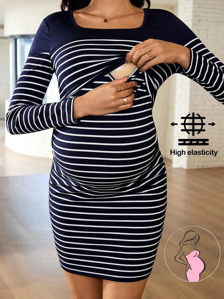 MaterniWear 孕妇条纹方领长袖修身休闲哺乳连衣裙 - 藍色 - 查看 1