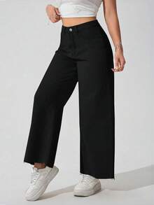 SHEIN ICON Jeans rectos de talle elástico negro con dobladillo deshilachado para mujer de talla grande - Negro - Ver 7