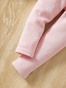 SHEIN 2件套女童休闲白色罗纹针织T恤和打底裤套装，适合室内外穿着，秋冬季 - 粉色 - 查看 13