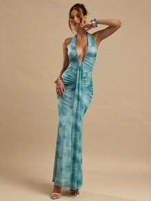 SHEIN BAE Deep V-Neck Fitted Mesh Blue Floral Print Maxi Dress, Elegant Beach Holiday Dress, Backless Long Dress, Spring/Summer, Bohemian Clothes, Bodycon Dress - Blue - View 4