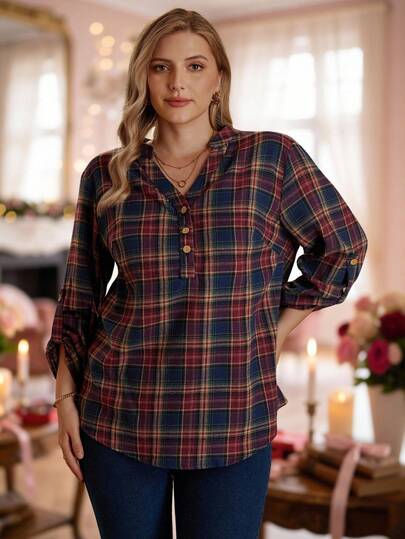 Rosumi Camisa casual de mujer talla grande con cuello en V a cuadros y mangas enrolladas