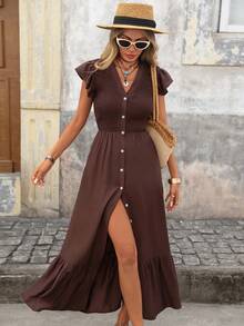 Brillora 女士褶皱休闲度假连衣裙，喇叭袖，荷叶边下摆，纹理面料，春夏款 - 棕色 - 查看 7