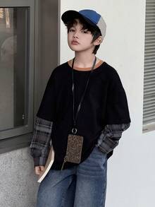 DAZY 青少年男童休闲格子拼接长袖T恤，秋季 - 黑色 - 查看 3