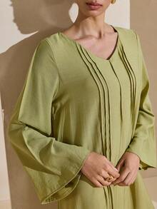 Graceveil V-Neck Straight Sleeve Striped Light Green Dress - Green - View 3