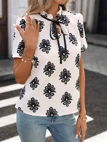 Chiquease 女士蝴蝶结荷叶边短袖衬衫，夏季 - 彩色 - 查看 5