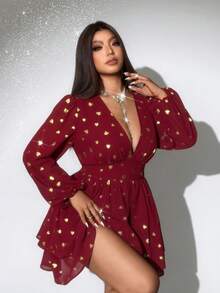 Viva Relle Romantisches A-Linien-Kleid mit V-Ausschnitt und Langarm, herzförmiges süßes Outfit für Dates, Große Größen, Frühling/Herbst - Bordeaux - Übersicht 2