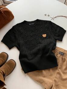 SHEIN EZwear 大码女式可爱小熊图案针织短袖修身套头衫，暖黄色，适合初秋穿着 - 黑色 - 查看 5