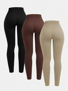 3 Pacotes de Leggings Sem Costura com Nervuras para Meninas Pré-Adolescentes - Calça de Ioga com Controle de Barriga de Cintura Alta Sem Transparência para Exercícios, Corrida, Ciclismo, Ioga, Pickleball e Uso Casual - Multicolorido - Visão 2