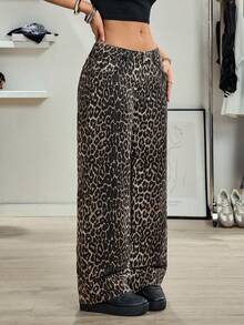 SHEIN Tall Tall Fashion Low Waist Leopard Print Washed Straight Leg Jeans - Multicolor - View 4