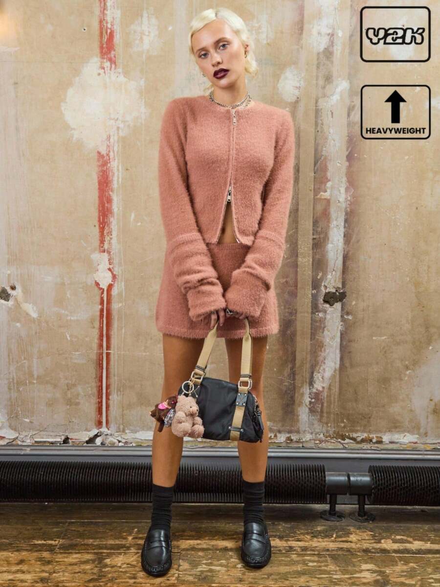 COUREZ Long Sleeve Zip Front Fluffy Knit Cardigan /Y2K Spring Casual Going Out Tops Women's Spring Cardigan Chic - Coral Pink - View 1