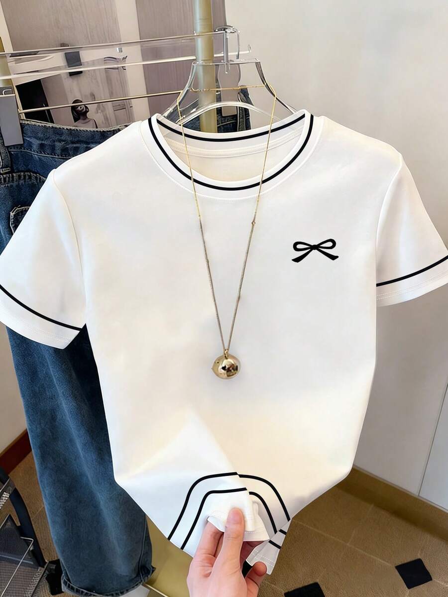 Resyla Summer New Sweet Minimalist Bow Print, Double Stripe Print, Graphic Design, Casual Versatile Women Regular Fit T-Shirt, Classic White, Daily Wear, Student, Outdoor, Casual Top - White - View 1