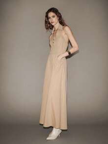 Lumivelle Women's Elegant Fashion Turndown Collar Metal Asymmetric Buckle Decor Work Commute Long Dress Khaki Dress - Khaki - View 5