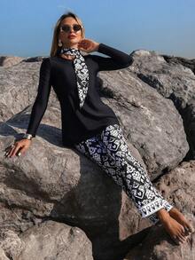 Swim Mulvari 26ss Summer Vacation Beach Resort Middle Eastern Conservative Long Sleeve Long Pants Abstract Paisley Black & White Floral Women Camisole Strap Bikini,New Women's Swimwear ArrivalFor School,Suitable For Holiday, Date, Afternoon Tea, Western, Cruise, Beach, Island, Road Trip, All Seasons, Music Festival, Boho Vacation,Bohemian Vacation, Chill Autumn ,Western Boho ,Elegant Tops For Women Long Sleeve Two Piece Set Modest Two Piece Set Two Piece Set Women Skirt Black And White Maxi Dress Black And White Two Piece Set - Black - View 10